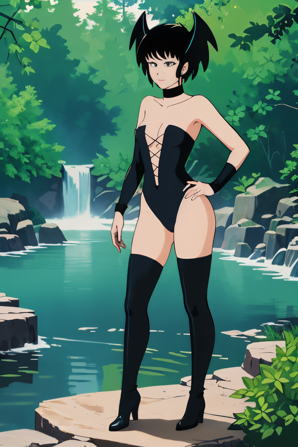 (Realistic:1.5) full body shot, looking at viewer, short hair, black hair, medium breasts, closed mouth, collarbone, long black boots, indoors, black eyes, strapless, frown, black choker, head wings, wristband, black leotard, strapless leotard, A tranquil, crystal-clear lake surrounded by lush vegetation and sparkling waterfalls.,<lora:EdobUruseiYatsuraKurama_v1.0:0.8>