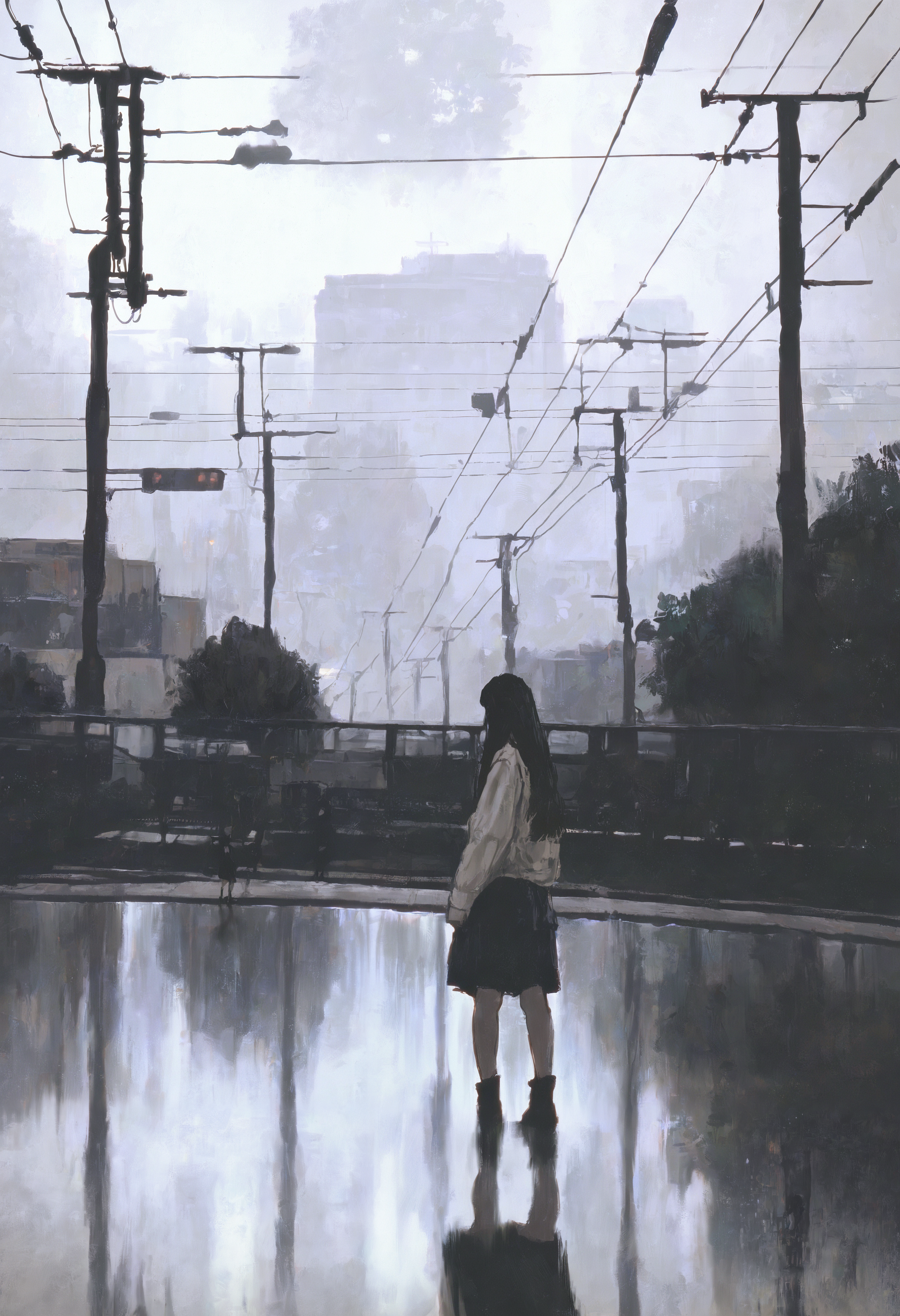 masterpiece, highres, absurdres, newest, very awa, wide shot, cinematic shot, painting (medium),   1girl, solo, long hair, outdoors, scenery, power lines, skirt, standing, black hair, reflection, building, tree, 

<lora:spo_sdxl_10ep_4k-data_lora_webui>,  <lora:NOOB_EPSv1_1_detailer_by_vlnvk_v1_0>, <lora:shiej007>