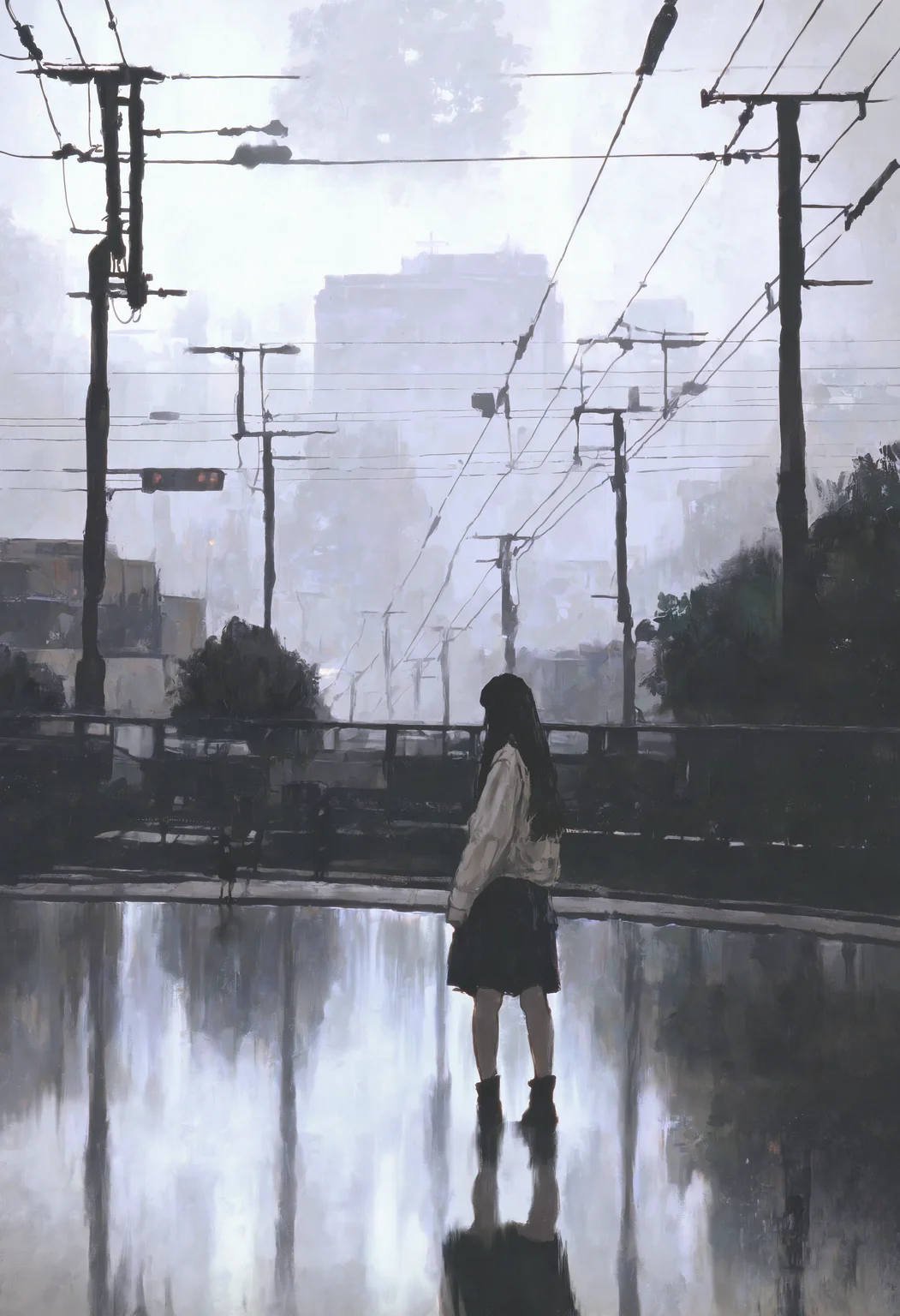 masterpiece, highres, absurdres, newest, very awa, wide shot, cinematic shot, painting (medium),   1girl, solo, long hair, outdoors, scenery, power lines, skirt, standing, black hair, reflection, building, tree, 

<lora:spo_sdxl_10ep_4k-data_lora_webui>,  <lora:NOOB_EPSv1_1_detailer_by_vlnvk_v1_0>, <lora:shiej007>