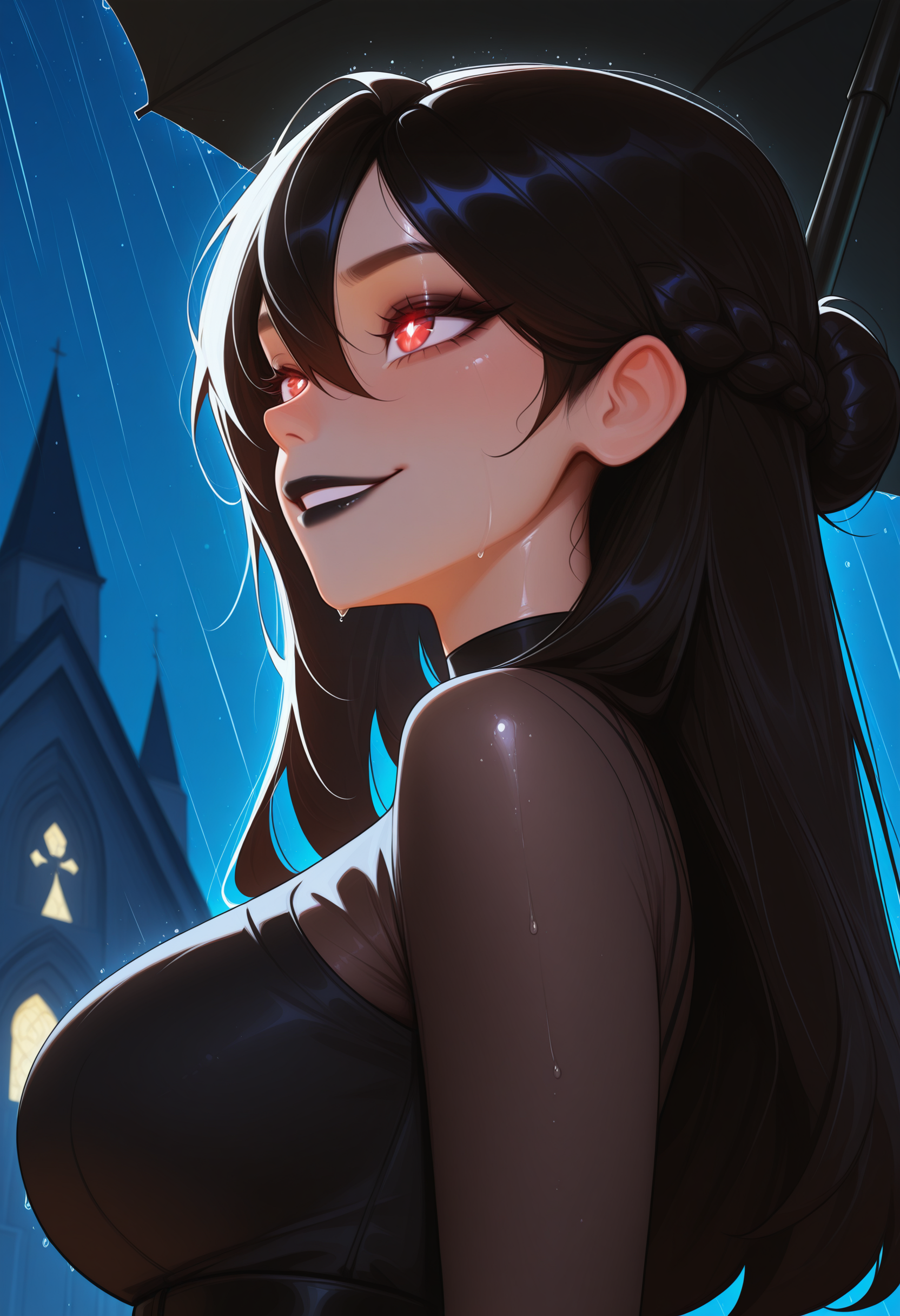 <lora:mixed3:1>, SECM_MIX, masterpiece, absurdres,amazing quality, best quality, extremely detailed, 1girl,braided bun, cimetery, church, dynamic pose,black hair,blurry,close-up,cross-shaped pupils,hair between eyes,long hair,looking ahead, gesugao, evil smile,parted lips,ring,solo,symbol-shaped pupils,thread,upper body,vignetting,red eyes, black lipstick, depth of field, perspective, blurry background, rain, wet, from side, from below, black dress, black umbrella, glowing eyes, eyes trail, night, stars