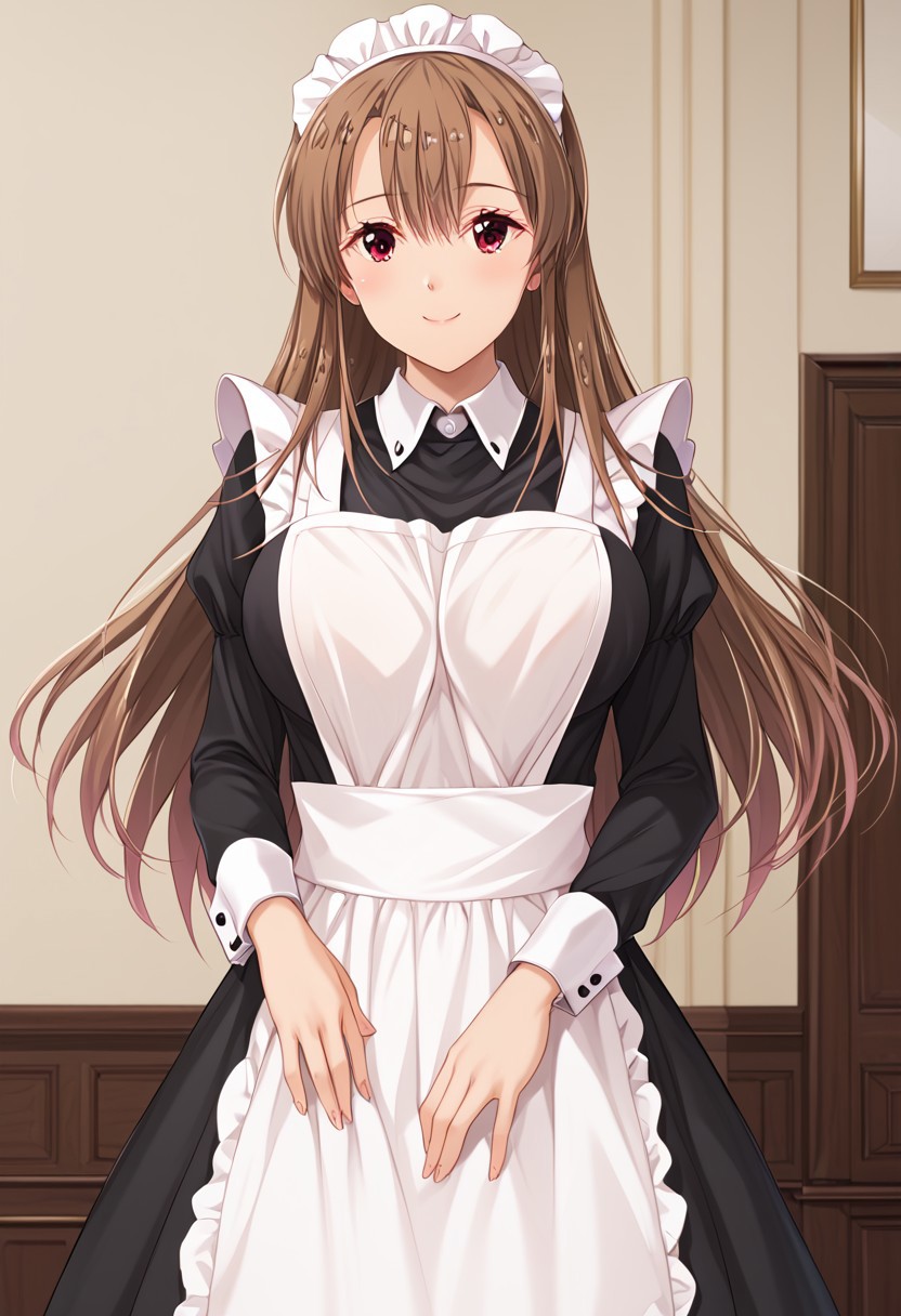 score_9, score_8_up, score_7_up, (absurdres, best quality, masterpiece:1.4), amazing quality, highres, newest, detailed, detailed body, detailed face, source anime, anime coloring, beautiful, 
BREAK
1girl, solo, smile standing, YurYuna, light brown hair, red eyes, maid headdress, maid apron, black dress, long dress, collared dress, sleeve cuffs, white collar, indoors
