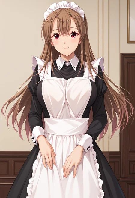 score_9, score_8_up, score_7_up, (absurdres, best quality, masterpiece:1.4), amazing quality, highres, newest, detailed, detailed body, detailed face, source anime, anime coloring, beautiful, 
BREAK
1girl, solo, smile standing, YurYuna, light brown hair, red eyes, maid headdress, maid apron, black dress, long dress, collared dress, sleeve cuffs, white collar, indoors