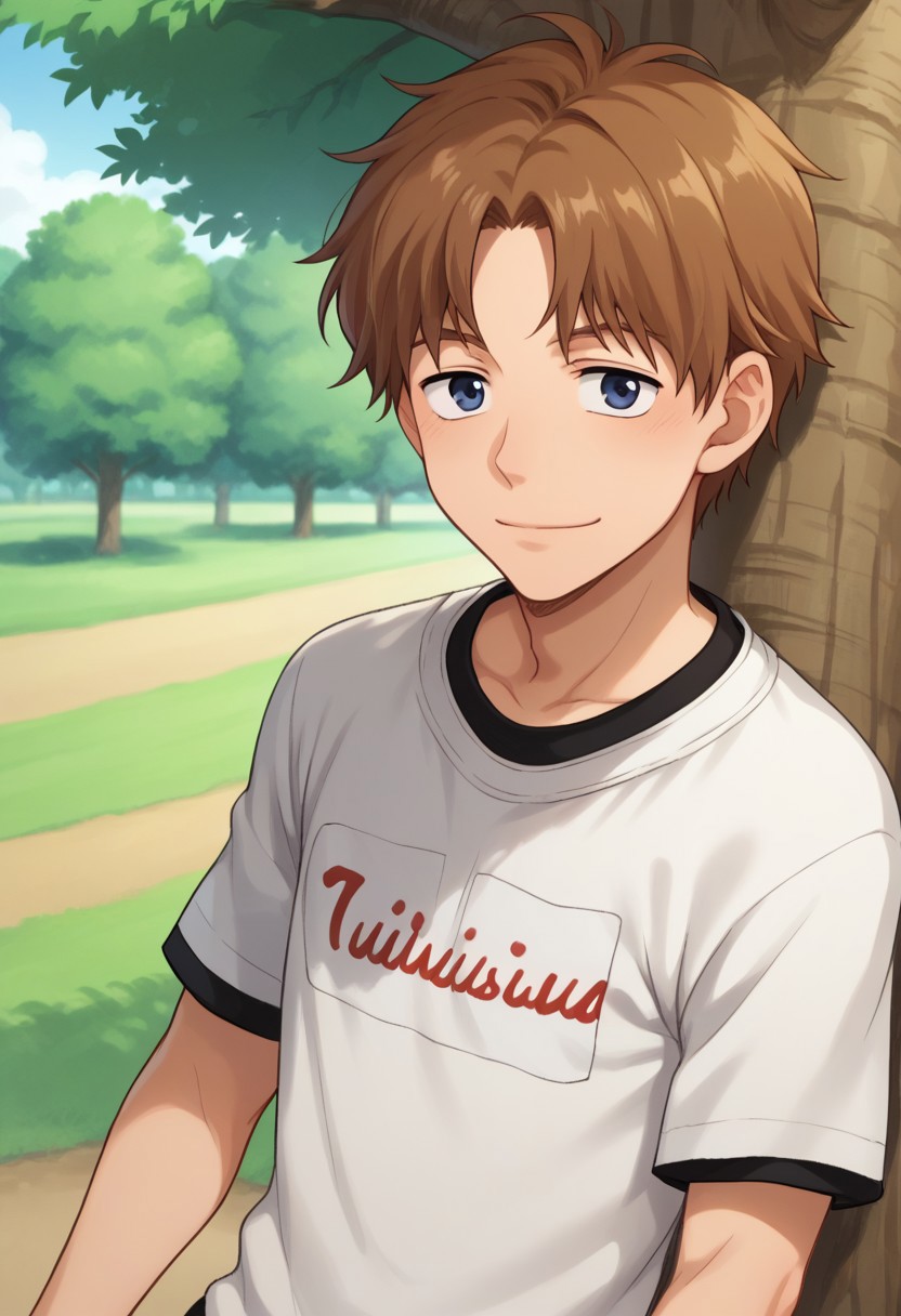 score_9, score_8_up, score_7_up, source_anime, highly detailed, 
fumiki, male focus, 1boy, brown hair, smile, solo,  blue eyes, t-shirt, short sleeves, outdoor, tree,