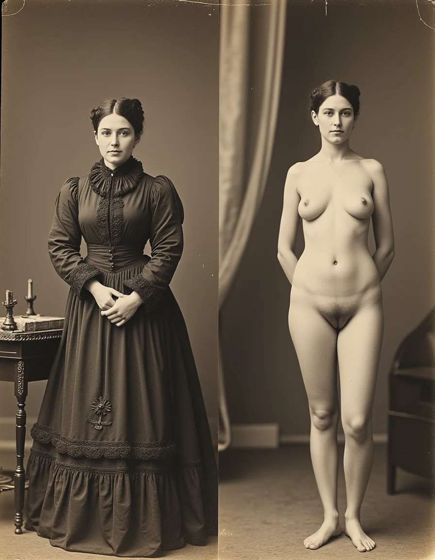 vintage photographs, side-by-side clothed and nude images of a woman wearing a Civil War era Victorian style dress