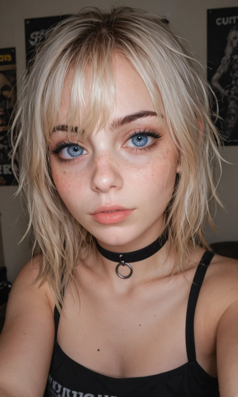 4k selfie, goth girl, deep focus, split-diopter lens, focus on her eyes, choker, cluttered bedroom, posters on walls, warm lighting, long shaggy blonde, bangs between eyes, dark blue eyes, freckles, blush, natural lips, natural eyes, messy hair, black eyebrows, piercings, tattoo, taking a selfie, bent forward,