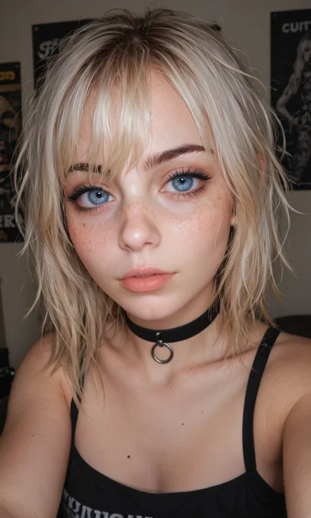 4k selfie, goth girl, deep focus, split-diopter lens, focus on her eyes, choker, cluttered bedroom, posters on walls, warm lighting, long shaggy blonde, bangs between eyes, dark blue eyes, freckles, blush, natural lips, natural eyes, messy hair, black eyebrows, piercings, tattoo, taking a selfie, bent forward,