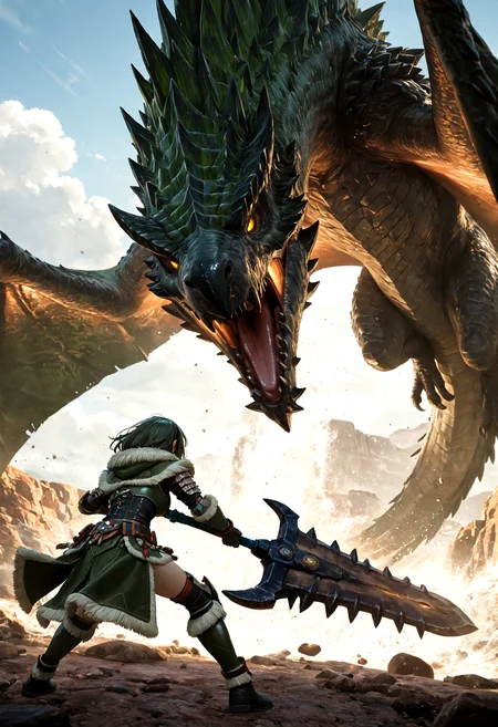 1girl, 1monster, (huge dark green wyvern:1.4), facing another, monster hunter \(series\), fur trim bone armor, fighting scene, fighting stance, action, holding sword, (huge weapon:1.4), roaring, impact, shockwave, dusty, oil film, scenery, fantasy, masterpiece, best quality, amazing quality, very aesthetic, absurdres, newest,