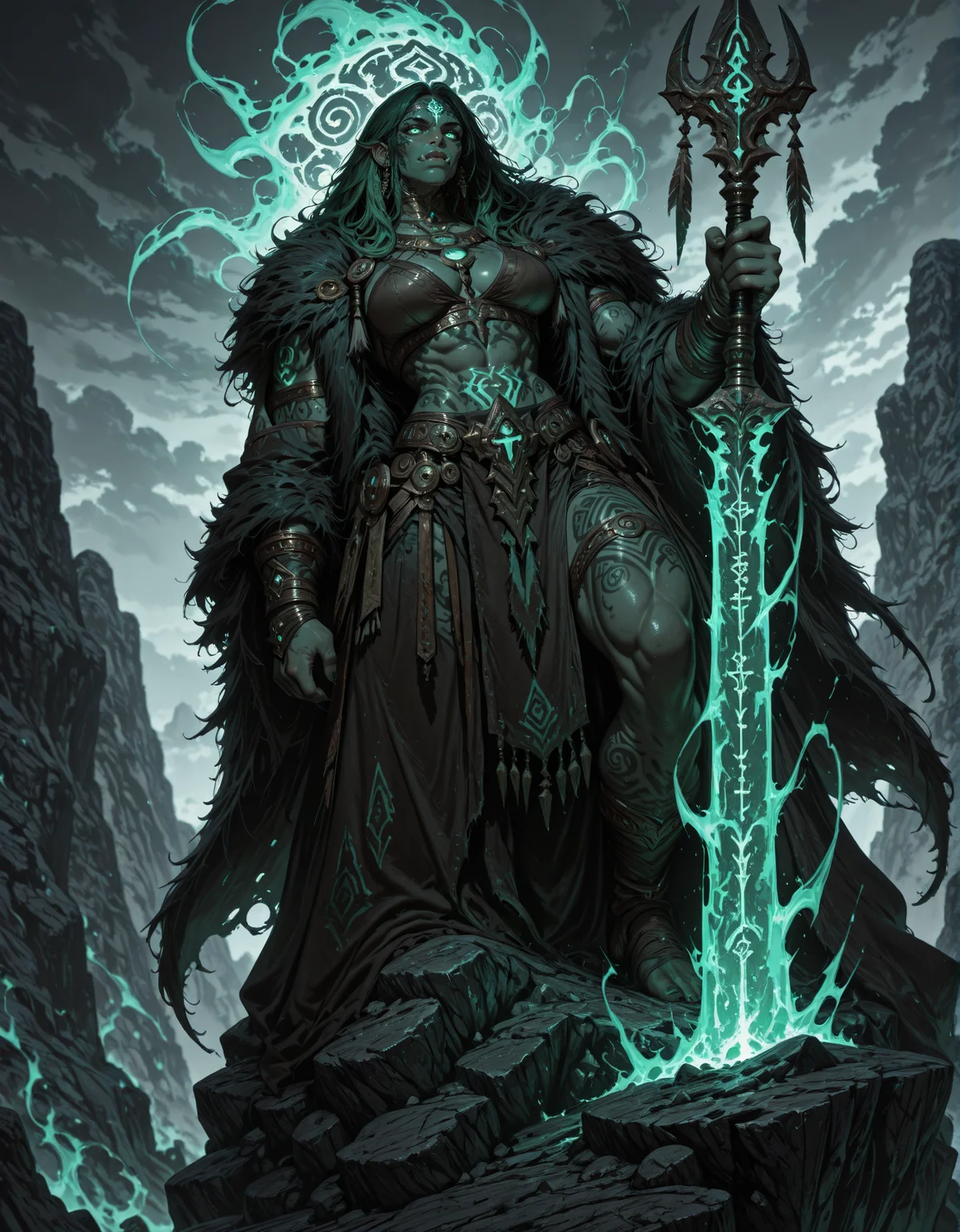 masterpiece, best quality,high quality, newest, highres,8K,HDR,absurdres, 1girl, orc, solo, shaman, towering and muscular, fit, sexy, tusks, glowing tribal tattoos, ritualistic bone jewelry, deep-set wise eyes, ceremonial staff with glowing crystal, swirling green shamanic energy, fur-lined robes, standing on a rocky cliff, stormy sky, ancient runes carved in stone, ethereal spirits circling, tribal fantasy setting, detailed background, depth of field, dramatic lighting, dynamic pose, detailed background, dynamic pose, dynamic composition,dutch angle, detailed backgroud,foreshortening,blurry edges <lora:iLLMythG0thicL1nes:1> G0thicL1nes