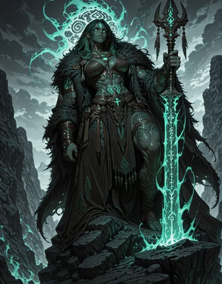 masterpiece, best quality,high quality, newest, highres,8K,HDR,absurdres, 1girl, orc, solo, shaman, towering and muscular, fit, sexy, tusks, glowing tribal tattoos, ritualistic bone jewelry, deep-set wise eyes, ceremonial staff with glowing crystal, swirling green shamanic energy, fur-lined robes, standing on a rocky cliff, stormy sky, ancient runes carved in stone, ethereal spirits circling, tribal fantasy setting, detailed background, depth of field, dramatic lighting, dynamic pose, detailed background, dynamic pose, dynamic composition,dutch angle, detailed backgroud,foreshortening,blurry edges <lora:iLLMythG0thicL1nes:1> G0thicL1nes
