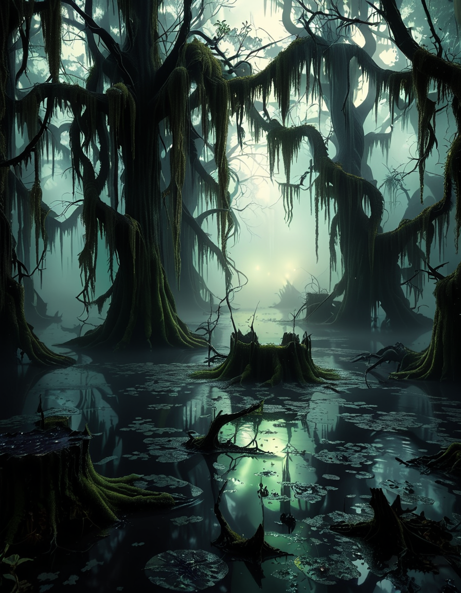 A demonic fairy woman sitting gracefully in an ominous swamp,0m1n0us sw4mp. She has a hauntingly beautiful appearance, with translucent, tattered wings resembling those of an insect, glowing faintly in a dark, eerie hue. Her skin is pale with subtle, intricate patterns like magical runes etched into it, and her eyes glow with an unsettling red or violet light. She wears an ethereal, dark gown made of shredded, otherworldly fabric that appears to flow like smoke, blending with the mist of the swamp. Her hair is long, wild, and black with streaks of silvery white, floating slightly as if affected by unseen magical energy.
The swamp around her is dark and foreboding, with twisted, gnarled trees reaching out like claws. The water is murky, reflecting a pale, sickly green glow from bioluminescent plants and fungi scattered throughout. The air is filled with a faint, ghostly mist, and strange, faint lights hover in the background, adding a mystical atmosphere. The lighting is dim, with a soft, ethereal glow illuminating the fairy woman from below, contrasting with the deep shadows of the swamp. The mood is dark, mysterious, and magical, evoking both beauty and menace.<lora:SDXLFaeTastic2400:0.4> <lora:extremely_detailed:0.4> extremely detailed, <lora:0m1n0us_sw4mp:1>, Masterpiece,best quality,hi res,8k,hi res,8k,award winning,(sharp focus, intricate, highly detailed),