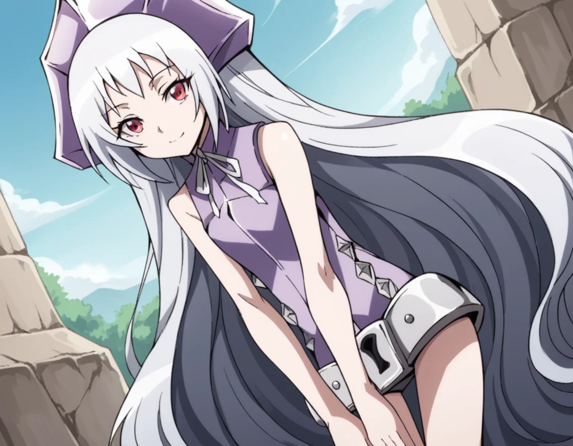 score_9, score_8_up, score_7_up, source_anime,
ironmaidenjeanne, <lora:iron-maiden-jeanne-2021-ponyxl-lora-nochekaiser:1>,
jeanne, long hair, very long hair, white hair, red eyes,
dress, sleeveless, purple dress, ribbon, headgear, hat, belt, bare shoulders, legs, bare legs,
outdoors, smile, bent over,
looking at viewer, cowboy shot, solo, dutch angle