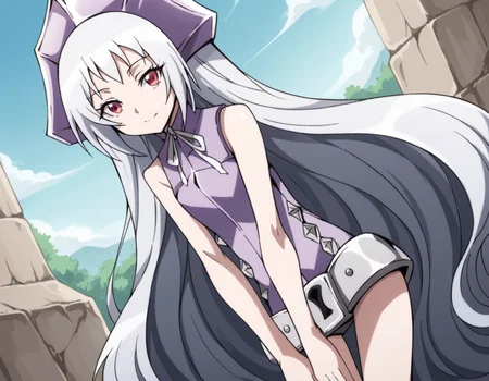 score_9, score_8_up, score_7_up, source_anime,
ironmaidenjeanne, <lora:iron-maiden-jeanne-2021-ponyxl-lora-nochekaiser:1>,
jeanne, long hair, very long hair, white hair, red eyes,
dress, sleeveless, purple dress, ribbon, headgear, hat, belt, bare shoulders, legs, bare legs,
outdoors, smile, bent over,
looking at viewer, cowboy shot, solo, dutch angle