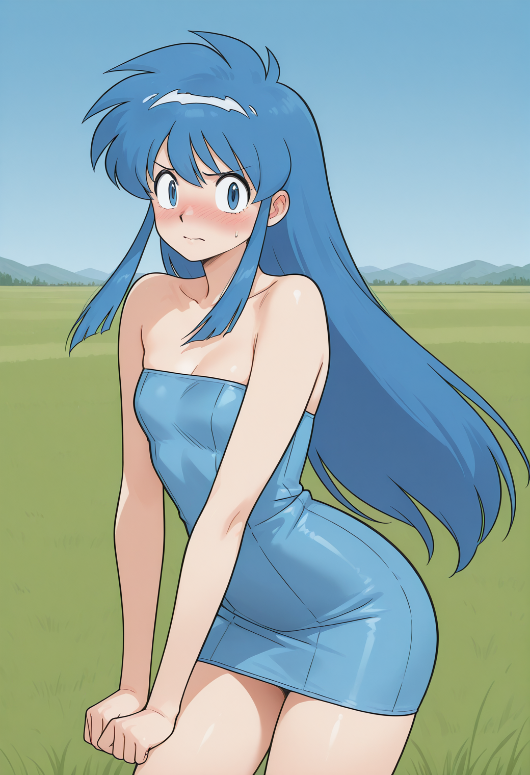 okinu-chan, blue eyes, blue hair, sidelocks, long hair, blue dress, short dress, strapless dress, tube dress, <lora:gs_okinu-chan_illustrious_ver2:0.8>
embarrassed, nose blush,  cowboy shot,, masterpiece, best quality, sensitive,, 1girl, solo, blue sky, (grasslands:1.2), looking at viewer,, (dynamic pose:1.4), (upside-down:-1),