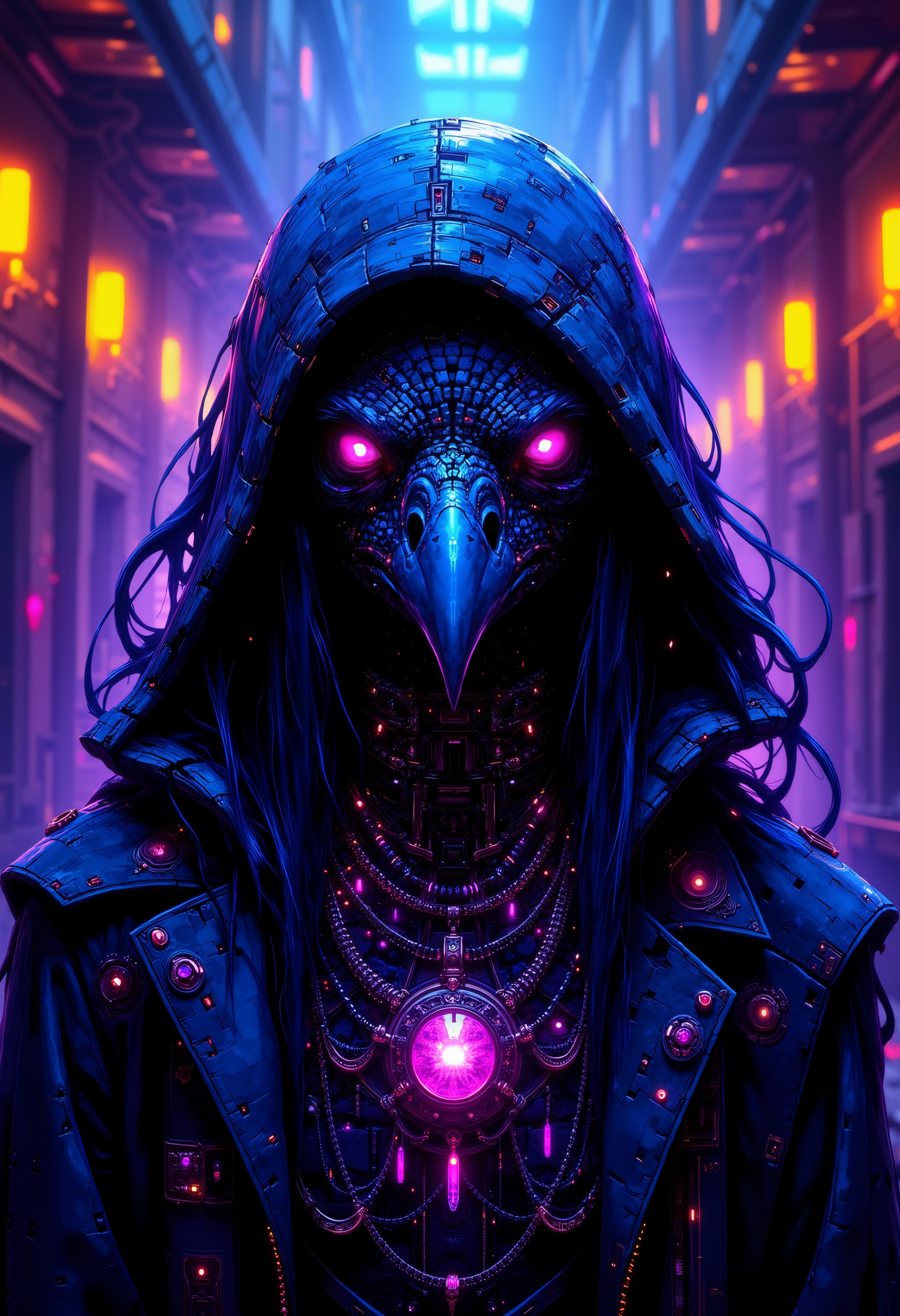 A digital art splash in the style of bo-cyborgsplash, a mysterious raven character positioned in the center of the frame, directly facing the viewer, the raven's upper body is close to the camera, showcasing its dark, ornate attire adorned with intricate details and glowing purple gemstones, its long beak is visible, and its piercing pink eyes seem to lock onto the viewer with a sense of intensity, the background is a dark, neon-lit space with glowing elements, creating a mystical atmosphere, the character is adorned with numerous gemstone necklaces, adding a touch of opulence to the overall design, the overall effect is one of intrigue and mystery, a fantastic abstract colorful art splash, high quality, ultra detailed.<lora:boFLUX Cyborgsplash.safetensors:1.0:1.0>