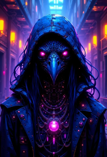 A digital art splash in the style of bo-cyborgsplash, a mysterious raven character positioned in the center of the frame, directly facing the viewer, the raven's upper body is close to the camera, showcasing its dark, ornate attire adorned with intricate details and glowing purple gemstones, its long beak is visible, and its piercing pink eyes seem to lock onto the viewer with a sense of intensity, the background is a dark, neon-lit space with glowing elements, creating a mystical atmosphere, the character is adorned with numerous gemstone necklaces, adding a touch of opulence to the overall design, the overall effect is one of intrigue and mystery, a fantastic abstract colorful art splash, high quality, ultra detailed.<lora:boFLUX Cyborgsplash.safetensors:1.0:1.0>
