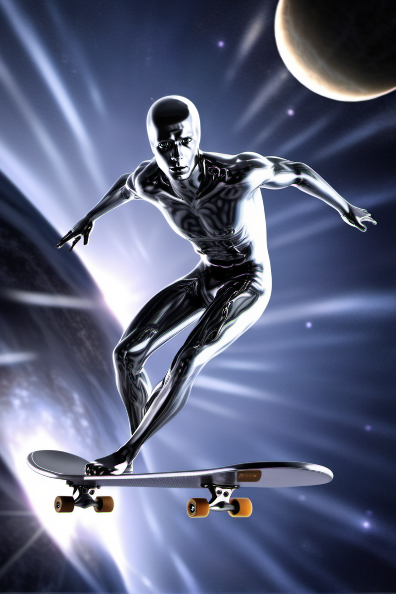 a silver sufer skatebording in space <lora:SilverSurfer1024:0.8>