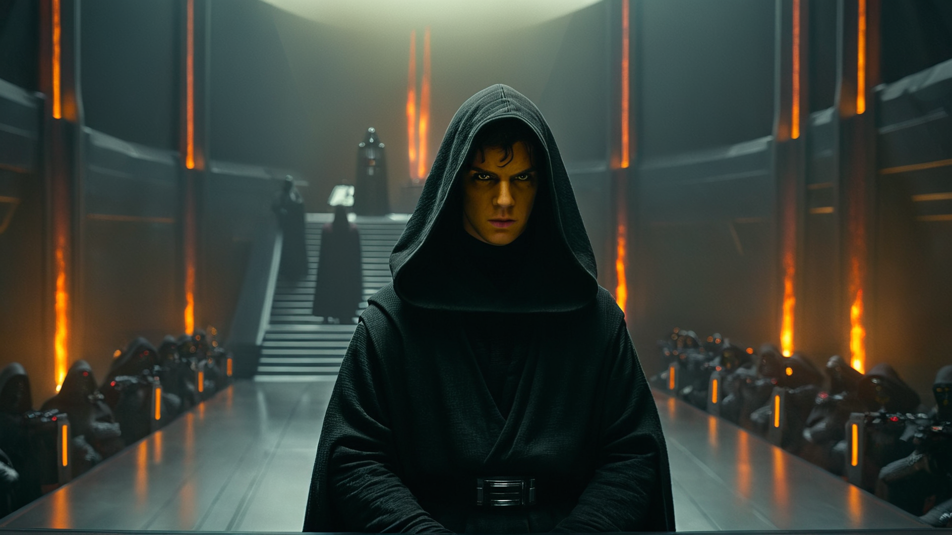 cinematic film still of  <lora:star wars style:0.2>
<lora:detailed:0.4> detailed
<lora:perfection style:0.4> perfect
<lora:PerfectEyesXL:0.5>
 <lora:Chiaroscuro Lighting Style:0.3>
 <lora:Mustafar:0.9>
Mustafar a sith man in a hoodie standing in a room,in star wars style,looking at viewer,1boy,sitting,yellow eyes,male focus,multiple boys,hood,2boys,armor,fire,cloak,hood up,stairs, shallow depth of field, vignette, highly detailed, high budget, bokeh, cinemascope, moody, epic, gorgeous, film grain, grainy