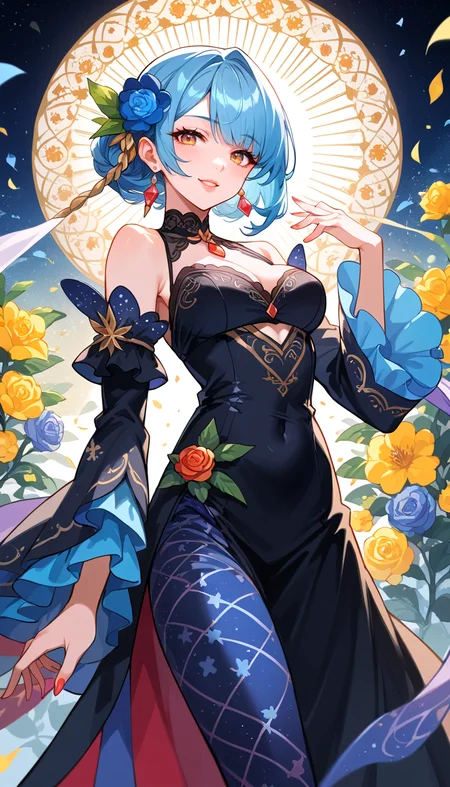 score_9, score_8_up, score_7_up, Anime Style, Cowboy Shot, girl, flirty model, cute, seductive, innocent, light smile:0.3, plump lips, slender body, with backside wearing a dress with flower pattern, dark fantasy, colorful, flowered arch background, depth of field, dynamic angle, fashion photography, sharp, hyperdetailed:1.15
