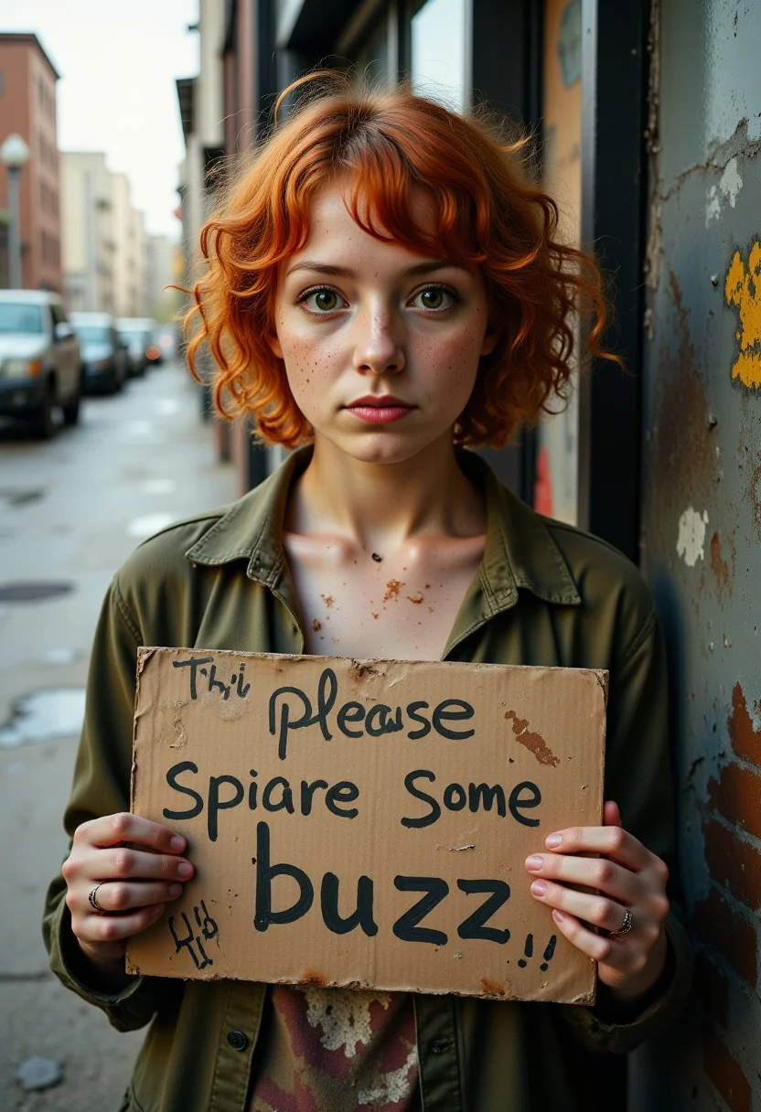 poor dirty young girl on a dirty dingy street corner begging, she is holding a sign that reads "please spare some buzz" written in marker, she has messy air and dirty clothes, her face is also dirty. She has red messy hair and bright green eyes with a sad look on her face. Her eyes convey her desperation and longing for buzz. 0y5top1a8e, dystopian, desolate, run down, dirty, filthy, greasy, oily, stained, gross, disgusting. Longing eyes, sad eyes, desperate eyes, look of despair, look of desperation.