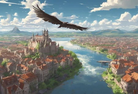 flying in a fantasy city. The buildings made of brick with the art style being that of an old anime. The clouds cast shadows along the land while godrays protrude through them. The bird is flying over a river that cuts along the center of the city with a beautiful reflection. The scene is highly detailed. 4k.hd.