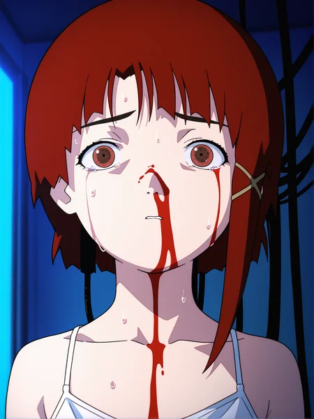 masterpiece, best quality, amazing quality, absurdres, newest, dynamic_angle, defined facial features, anime coloring, anime screencap, uncensored, chest, dark room, dark,
<lora:Lain_IL1.1v0:1.5> iwakura lain \(sel\), white camisole, red eyes, red hair, cable, cables in hair:1.5, pov, upper body, blood on face, very pale skin, sad, scratch mark, sweat, tearing up, looking at viewer,