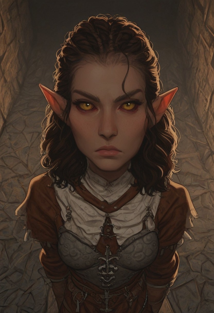 solo, short pointy ears, piercings, random elf face, aquiline features, female dark elf, weathered skin, large nose, insect chitin armor, insect chitin helmet, insect chitin ornaments, stylized insect pattern, athletic build,  animated realism, zoomed out, Syrian features, torso, brass pipes and gears, intricate architecture, dwarven masonry, dwemer fixtures, white-green light, gloomy lighting, ancient ruins, interior, stone tiled floor, grey-blue skin, mahogany and ivory clothes, medium armor, bone plate armor, ivory straps and fittings, alien bone ornaments, grey wood neckguard, deep red sclera, black pupils, blue-green light, neon, highly detailed, defined features, looking at viewer, three quarters view, from above, dynamic lighting, 22 years old, light and shadows, patterned cloth, annoyed expression, expressive eyes, detailed medieval clothes, medium_breasts, medium hair, wavy hair, thick hair, beaded hair, braided hair, under cut hair, semirealistic, alien elf, spanish features, jewish features, dark red hair, sharp features, pastel green inuit print cloak, nighttime, high detail, absurdres, pretty eyes, detailed eyes, yellow eyes,