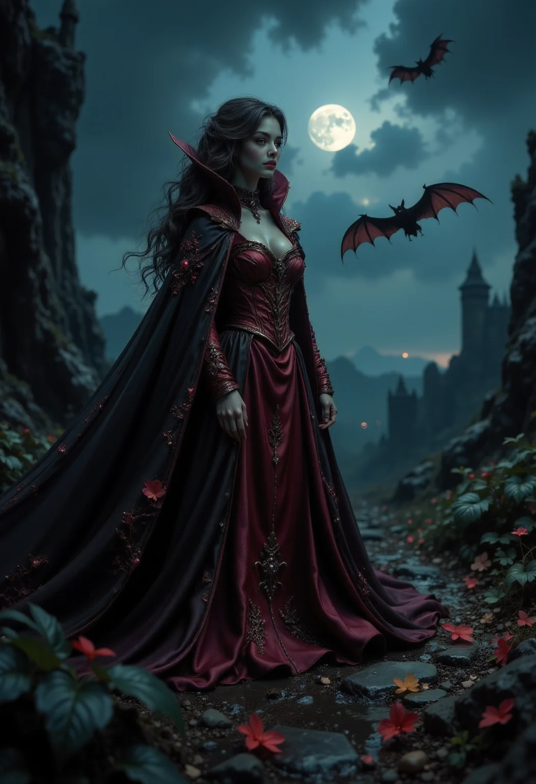 masterpiece, realistic scenery, ultra high quality, a gorgeous 23yo female vampire looks for victims in an medival castle, completely covered from the neck down, ancient dark red vampire robe with shimmering rubies, a vampire bat in the air, night, moonshine, gloomy clouds, fog, close-up, (SFW:1.2), dark fantasy, eerie, horror, <lora:Flux Darkfantasy_epoch_1>