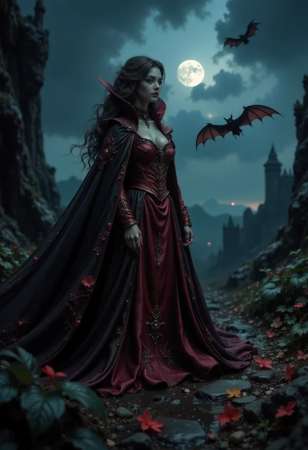 masterpiece, realistic scenery, ultra high quality, a gorgeous 23yo female vampire looks for victims in an medival castle, completely covered from the neck down, ancient dark red vampire robe with shimmering rubies, a vampire bat in the air, night, moonshine, gloomy clouds, fog, close-up, (SFW:1.2), dark fantasy, eerie, horror, <lora:Flux Darkfantasy_epoch_1>