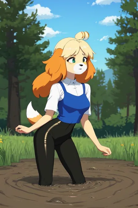 isabelle \(animal crossing\), (masterpiece, best quality:1.15), 1girl, solo, large breasts, high cheekbones, thick eyebrows, small mouth, looking to the side, leaning forward, adjusting clothes, tight leggings, green crop top shirt, starry nights, long hair, twin short braids, scared, partially submerged, struggling, farmland bog, quicksand