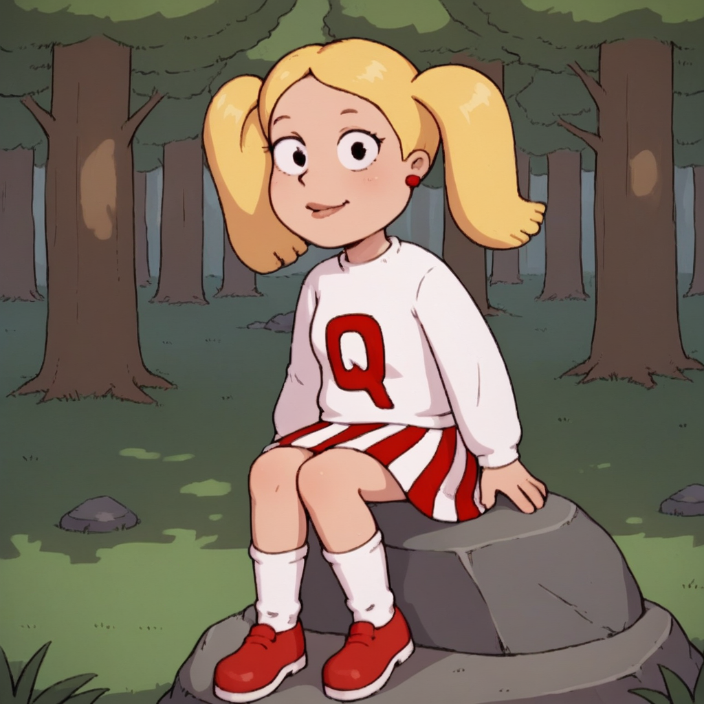 score_9_up, score_8_up, BREAK, UnnamedGirl, 1girl, solo, blonde hair, twintails, black eyes, shirt, long sleeves, vertical stripes, striped skirt, white socks, red footwear, forest,  <lora:UnnamedBlondeTwintailsGirl_FamilyGuy_PXL_Leaf1:0.9>, looking at viewer,  sitting on rock,