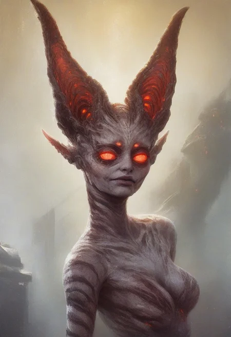 score_9, score_8_up, score_7_up, score_6_up, score_5_up, score_4_up, solo, cute alien girl engineer, long ears, (big evil eyes) , stripes, cute ,pupilless , close up, half closed eyes, wearing futuristic jumpsuit, dirty skin, skinny, engine room of a spaceship, detailed background, medium chest, indoor,(from behind), presenting her back, looking at viewer, sweating, holographic terminals, cleavage