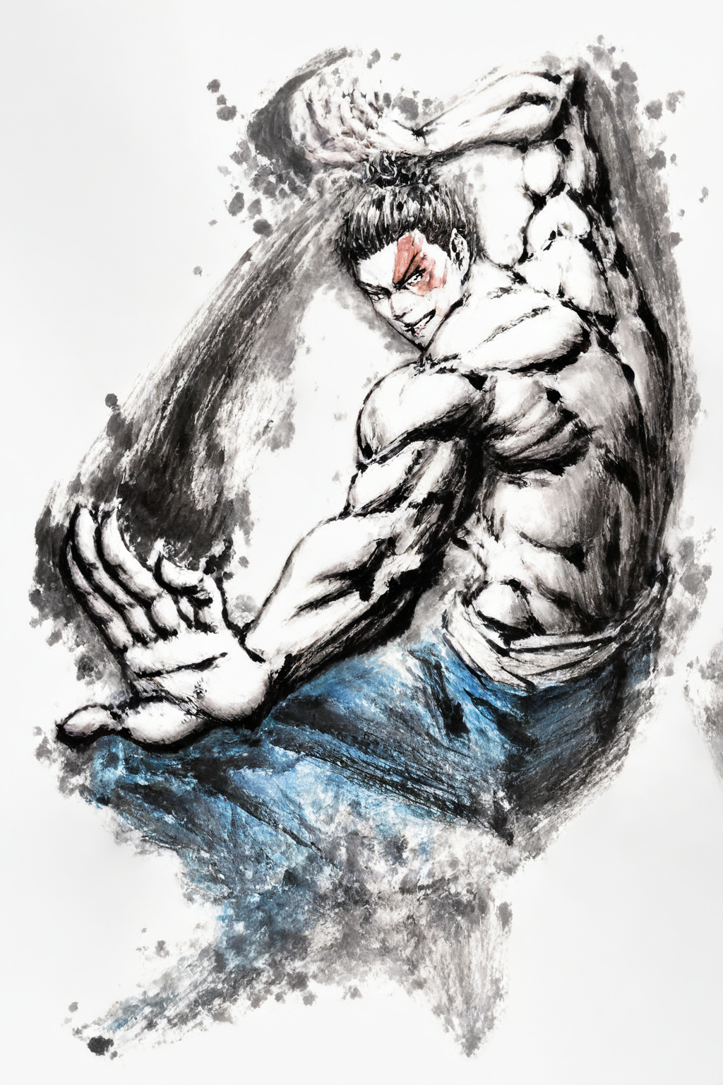 score_9,score_8_up,score_7_up,
<lora:InkStyle_Pony:1>,
Ink wash painting,inkblot,1boy,solo,male focus,muscular,fighting stance,topless male,black hair,abs,