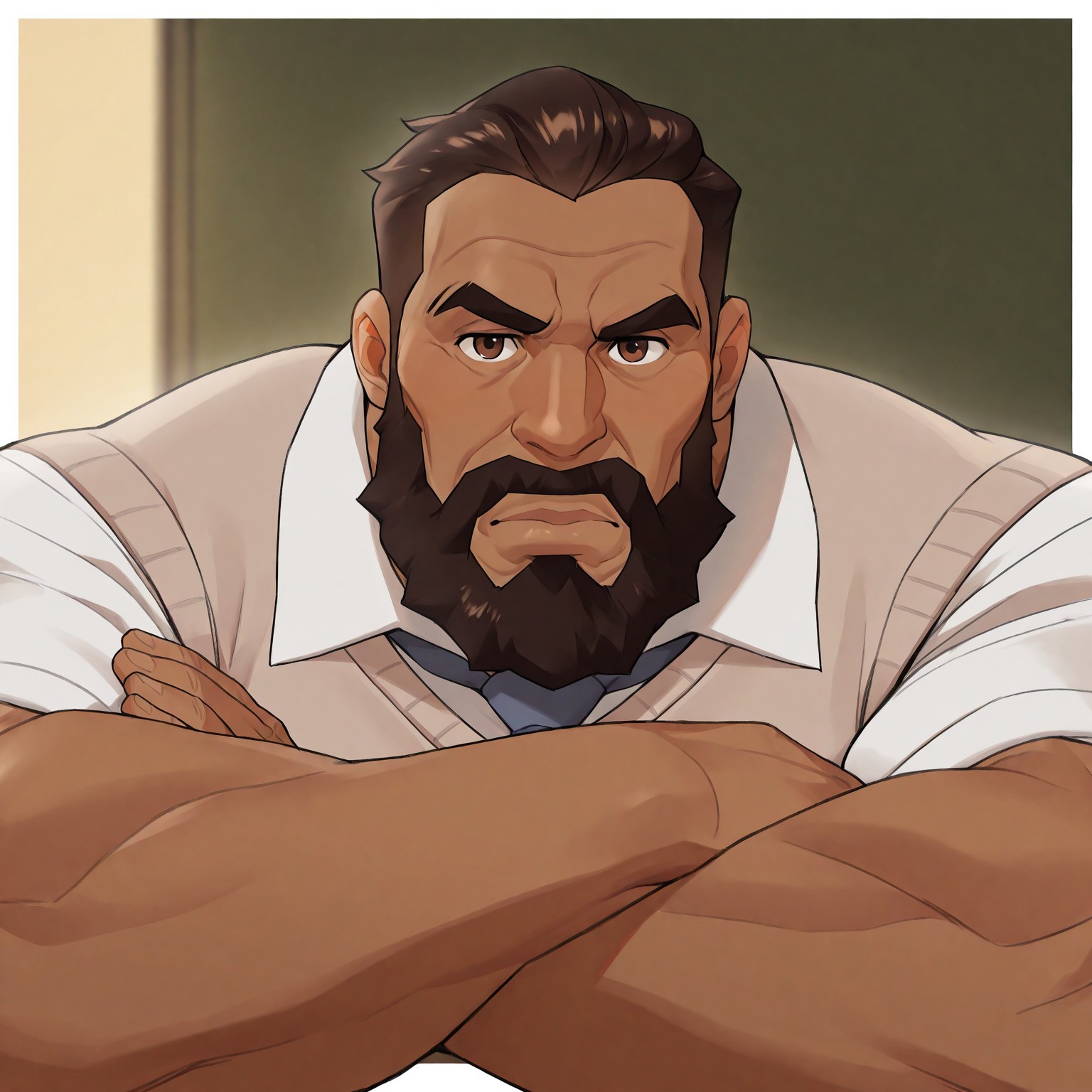masterpiece, best quality, newest, absurdres, highres, white borders around characters, soft light, BREAK bara, muscular, 1man, male focus, male, male focus, 1boy, PerryWhite, brown eyes, brown hair, facial hair, beard, mustache, sideburns, mature male, dark skin color, wrinkles, plump lips, {{beefy}}, {{muscular}}, {{large}}, looked at the viewer, close up to face, mouth, crossed arms, frowning brows, warm light, indoor