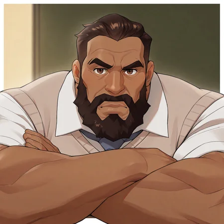 masterpiece, best quality, newest, absurdres, highres, white borders around characters, soft light, BREAK bara, muscular, 1man, male focus, male, male focus, 1boy, PerryWhite, brown eyes, brown hair, facial hair, beard, mustache, sideburns, mature male, dark skin color, wrinkles, plump lips, {{beefy}}, {{muscular}}, {{large}}, looked at the viewer, close up to face, mouth, crossed arms, frowning brows, warm light, indoor