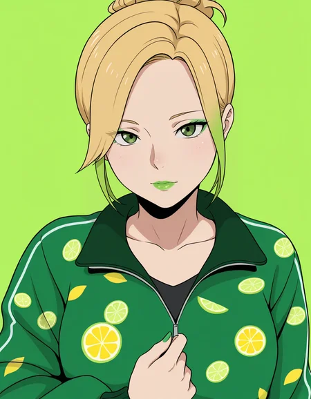 <lora:Inusen_Illustrious:0.25>, inusen, <lora:legomanill2:0.25>, <lora:horsetail_illu:0.25>, <lora:ntrman_IL:0.25>, <lora:Madsuwu_Style:0.25>, m4ds0w0,(masterpiece, best quality, ultra-detailed, absurdres, newest, detailed textures, correct anatomy:1), very aesthetic, detailed_hands, elegant_fingers, 
1girl, close-up, beautiful, fair skin, green eyes, blonde hair, casual hairstyle, citrus print, on jacket, wearing a jacket with a bold green citrus print, lemon slices, lime slices, green and white background, geometric patterns, vibrant colors, modern style, studio lighting, sharp focus, natural makeup, soft expression, minimalistic setting, centered composition, contemporary fashion, youthful, fresh look, clean aesthetic, high contrast, bright colors, multicolored hair, green highlight, green lips, green eyeliner, green nails