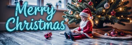 a snowy christmas tree decorated with christmas balls and garlands, the background is festive for the christmas season, some christmas balls lies on th ground. It says "Merry Christmas" in glitter with the ComicMS font. Is says "CBM" In Blue Glowing Letters .(a Santa's elf plays with a laptop sitting on the floor).The spelling of the text is precise, checked and error-free, with particular attention to the accents on the letters