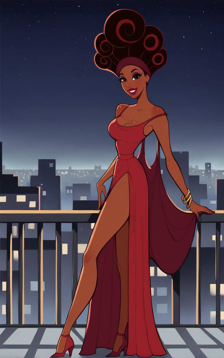 score_9, score_8_up, score_7_up, looking at viewer,  BREAK  
RedDress_Muse_Calliope_ownwaifu, 
1girl, afro, big hair, breasts, brown eyes, brown hair, curly hair, dark skin, dark-skinned female, eyeshadow, hair up, hairband, lips, long hair, makeup, very dark skin, lipstick, medium breasts, colored skin, 
red dress,  red headband, bare shoulders, cape, cleavage, sleeveless dress, strap slip, bracelet, long dress, off shoulder, side slit, long legs, narrow waist, 
(standing, arm_support), railing, cityscape, night, city, city lights, scenery, starry sky, outdoors, <lora:PONYXL_Hercules_Muse_Calliope_ownwaifu:0.8> , depth of field, solo,