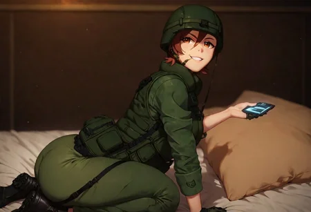 1girl,score_9, score_8_up, score_7_up,score_6_up, Expressiveh, 1dk, score_9, solo, perfection, perfect hands, realism, zoomed out, full body view, smirk, relaxed,
on bed,
shiho, army, vest, helmet,