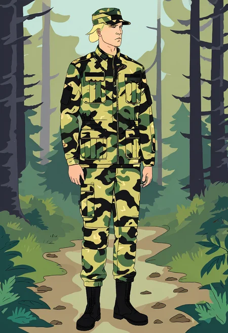 flat colors.digital illustration of a man wearing a military uniform,blonde hair,in forest,cap,jacket,pants,czechmlok, <lora:mlokxl:0.8>