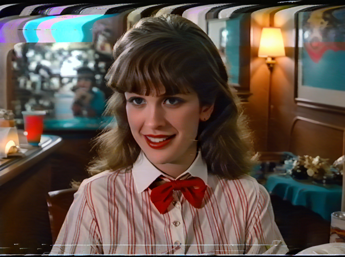 <lora:VHS_Pony:1.9> a waitress wearing red bowtie, red and white shirt, striped shirt,  red lips, smile, close-up, solo, short sleeves, (black hair, bangs:1.1), vhs,(glitch:2.2), cafe, white collar,