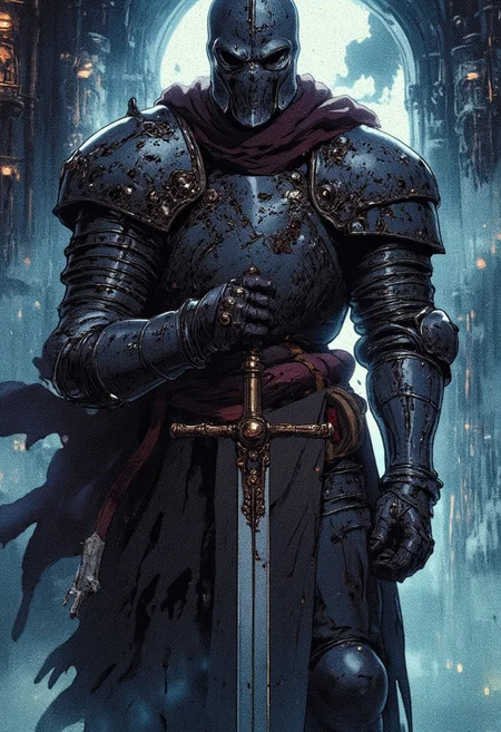 A dark and atmospheric image of a mysterious knight standing in a foggy environment. The knight is clad in a full suit of armor, including a helmet with a closed visor, . His armor appears worn, with scratches and weathered textures . A long sword is held at his side, partially sheathed. Wisps of  mist drift around him, adding to the eerie, otherworldly