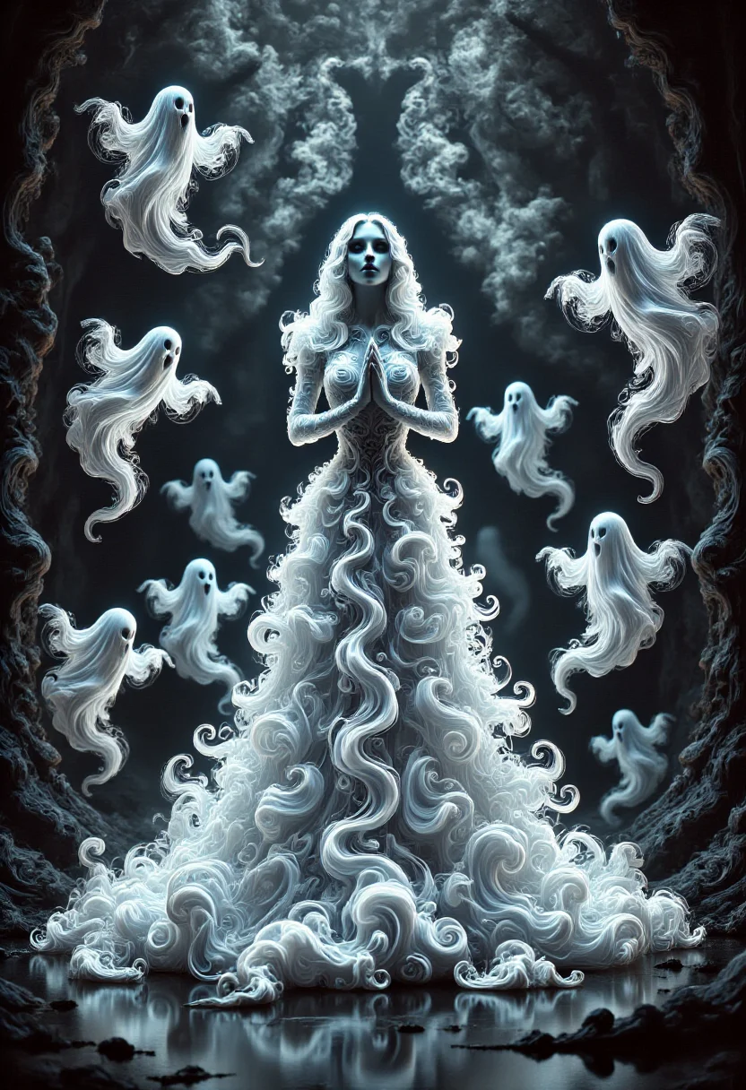 aidmafluxpro1.1,
A pale woman is wearing a glowing dress made of ghosts. she has a pale skin, detailed blue eyes and red lipstick. She's praying to the idol of a dark cult. The scene is set in a dark twisted forest where swirly ghosts are flying around here.
masterpiece, best quality