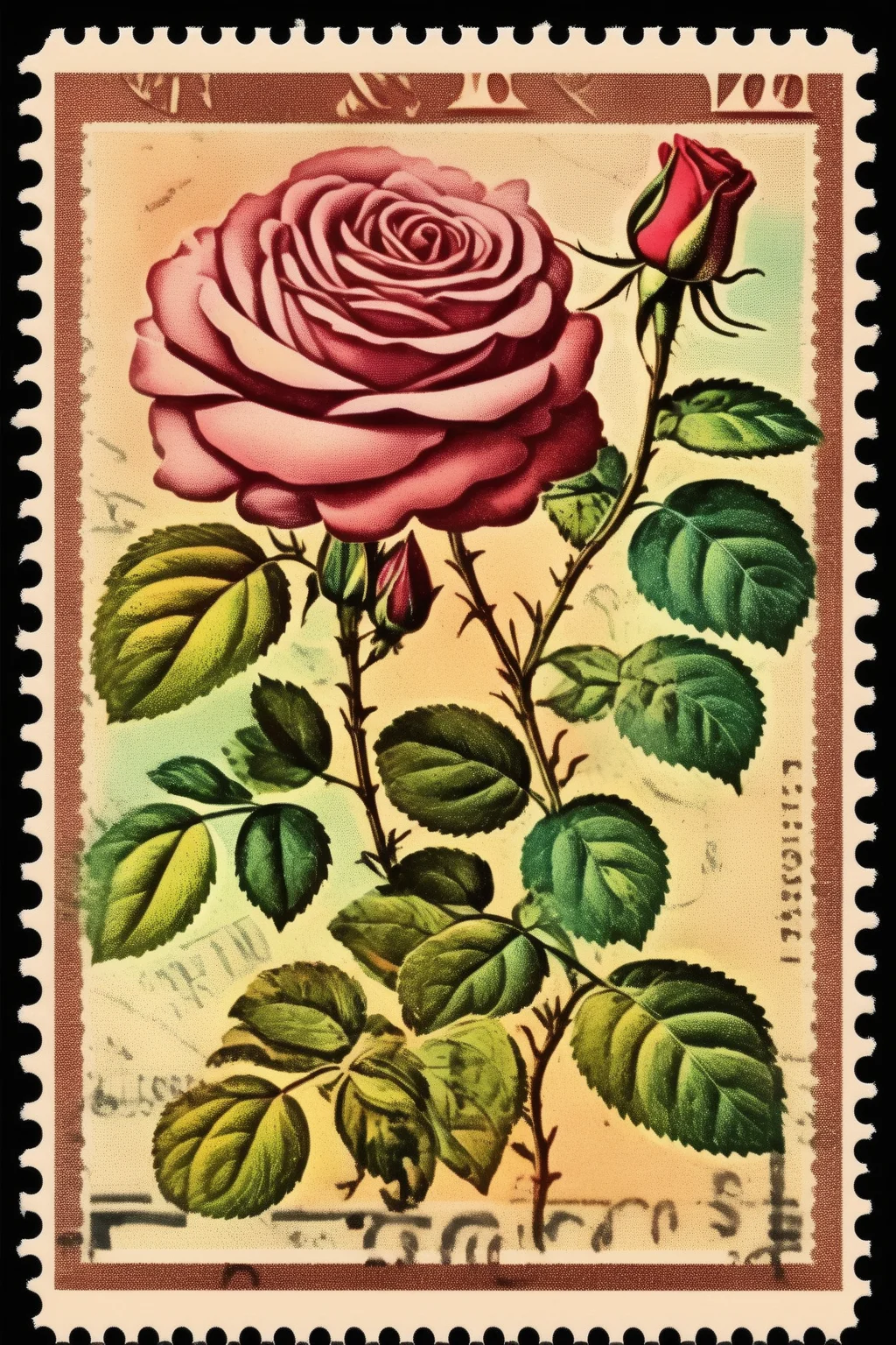 <lora:Vintage Postage Stamps:1>Vintage Postage Stamps - Rose vintage flowers colorful postage stamp