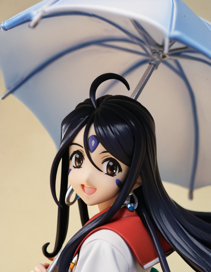 score_9, score_8_up, score_7_up, score_6_up, score_5_up, score_4_up, source_anime,  , Skuld, looking at viewer, smile, open mouth, jewelry, upper body, :d, earrings, looking back, from behind, umbrella, holding umbrella, retro artstyle, 1990s (style)