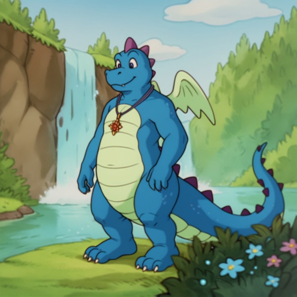 score_9, score_8_up, score_7_up, score_6_up, score_5_up, score_4_up, source_furry, OrdDT, semi-anthro, male, dragon, blue skin, wings, jewelry, necklace standing, outside, lake, waterfall,