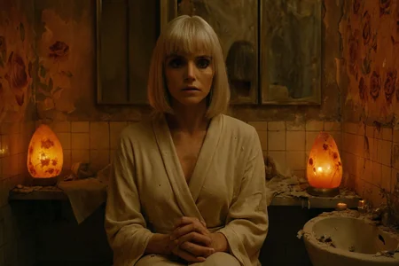 cinematic still, Elvira Hancock as The Gilded Phantom, seated in a collapsed powder room with peeling floral wallpaper and flickering Himalayan salt lamps, platinum hair in perfect symmetry against cracked ivory tiles, hands clasped in her lap like a ritual vigil, close-up, eye-level, background of dripping vanity mirrors reflecting her hollow gaze, mood of psychological unraveling and pious dread, warm amber uplight mixed with cold shadow, color theme of burnt saffron, faded rose, and chalk white, style reference Black Narcissus
