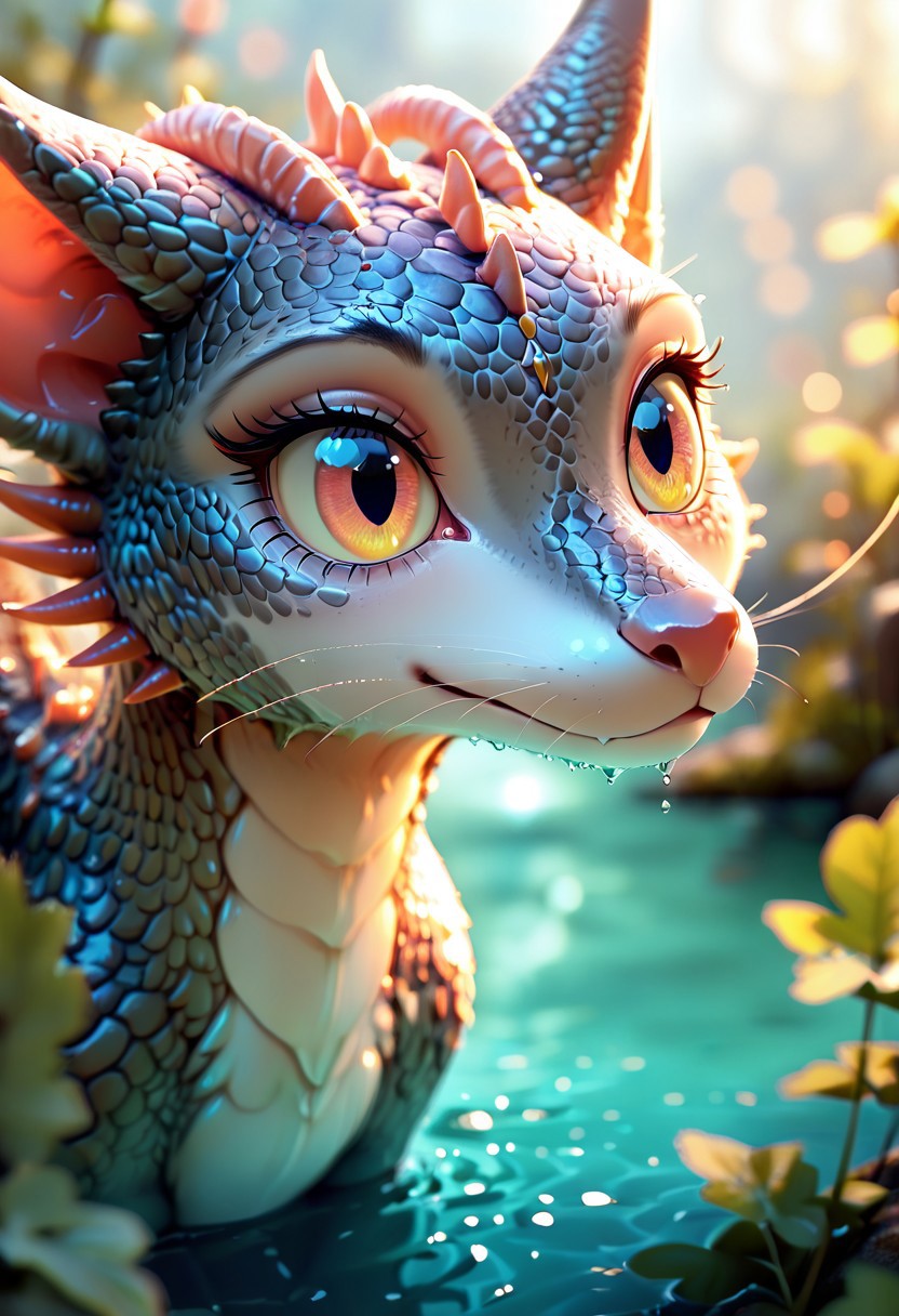 masterpiece, best quality, 1girl, solo, eyelashes, (beautiful eyes),    DracoCat,  depth of field, blurry background, animal, from above, partially submerged, animal focus,  ,<lora:DracoCatIXL:1.0>,