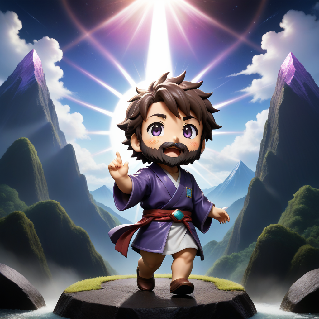 Do I have to go to work today?, NijiEX style, dynamic pose, (god rays colliding from his hair Strange twinkling eyes Nendoroid makoto studio ghibli kr retro vibrant Raymond boasley clouds iris chromatic beards gapmoe millonimo daddio iridescent greg rutkowski illustration singular violet crystal jesus descending kingdom of japanese stargate fantasy stands before australian mountains:1.22) <lora:add-detail-xl:1>