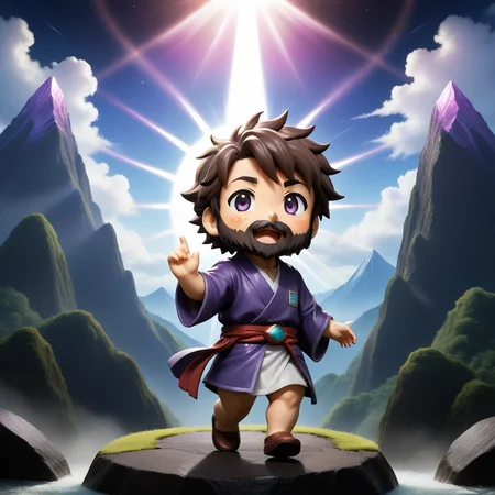 Do I have to go to work today?, NijiEX style, dynamic pose, (god rays colliding from his hair Strange twinkling eyes Nendoroid makoto studio ghibli kr retro vibrant Raymond boasley clouds iris chromatic beards gapmoe millonimo daddio iridescent greg rutkowski illustration singular violet crystal jesus descending kingdom of japanese stargate fantasy stands before australian mountains:1.22) <lora:add-detail-xl:1>