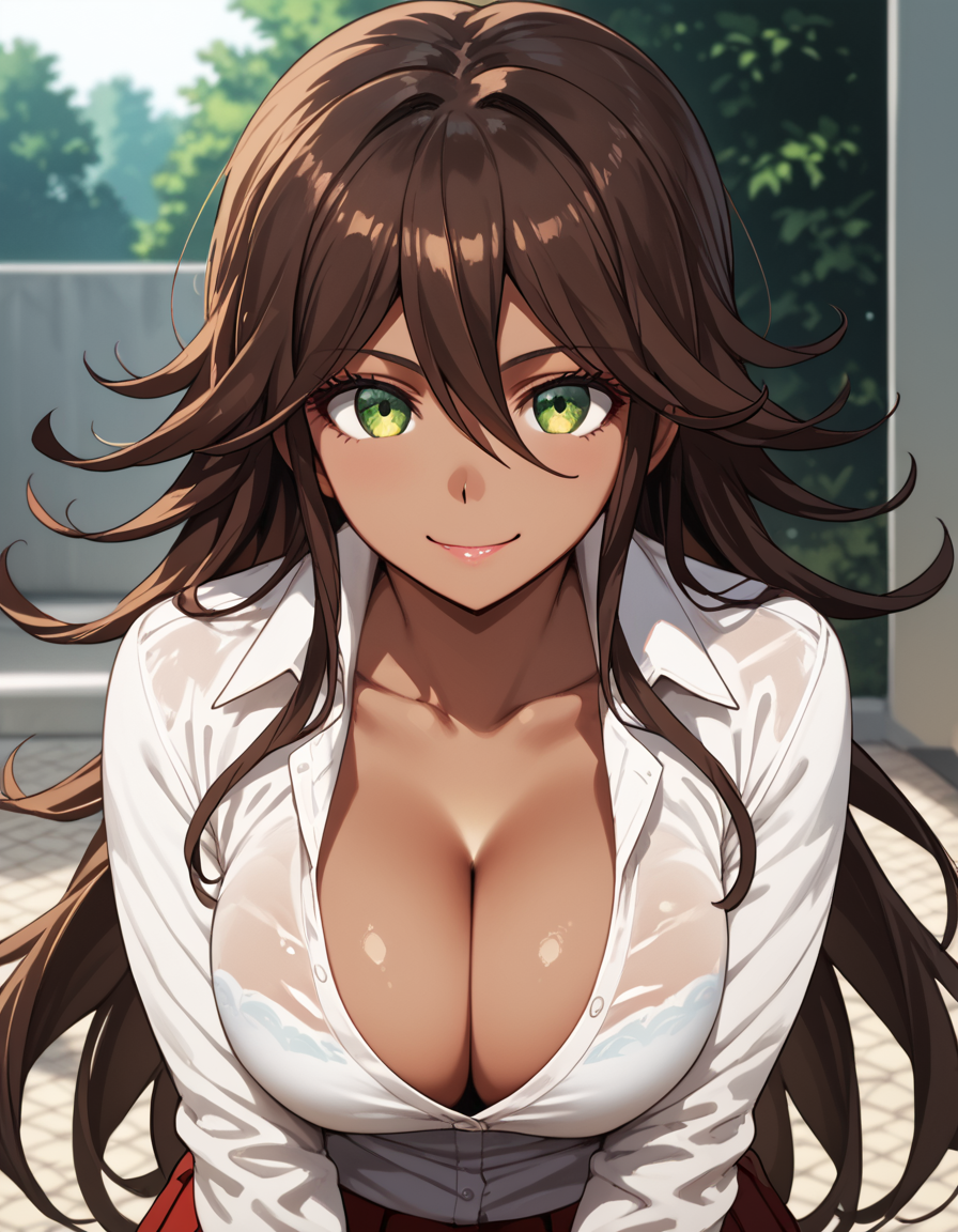 score_9, score_8_up, score_7_up, score_6_up, score_5_up, score_4_up, source_anime  <lora:Danganronpa3:1>, portrait, smile,  akane, hair between eyes, bangs, green eyes, dark-skinned female, cleavage, long hair, brown hair, shirt, red skirt, pleated skirt,
